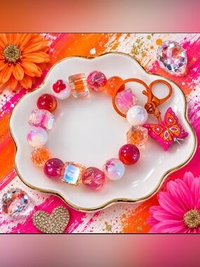Hand Crafted Pink & Orange Beaded Wristlet Keychain with Butterfly Charm